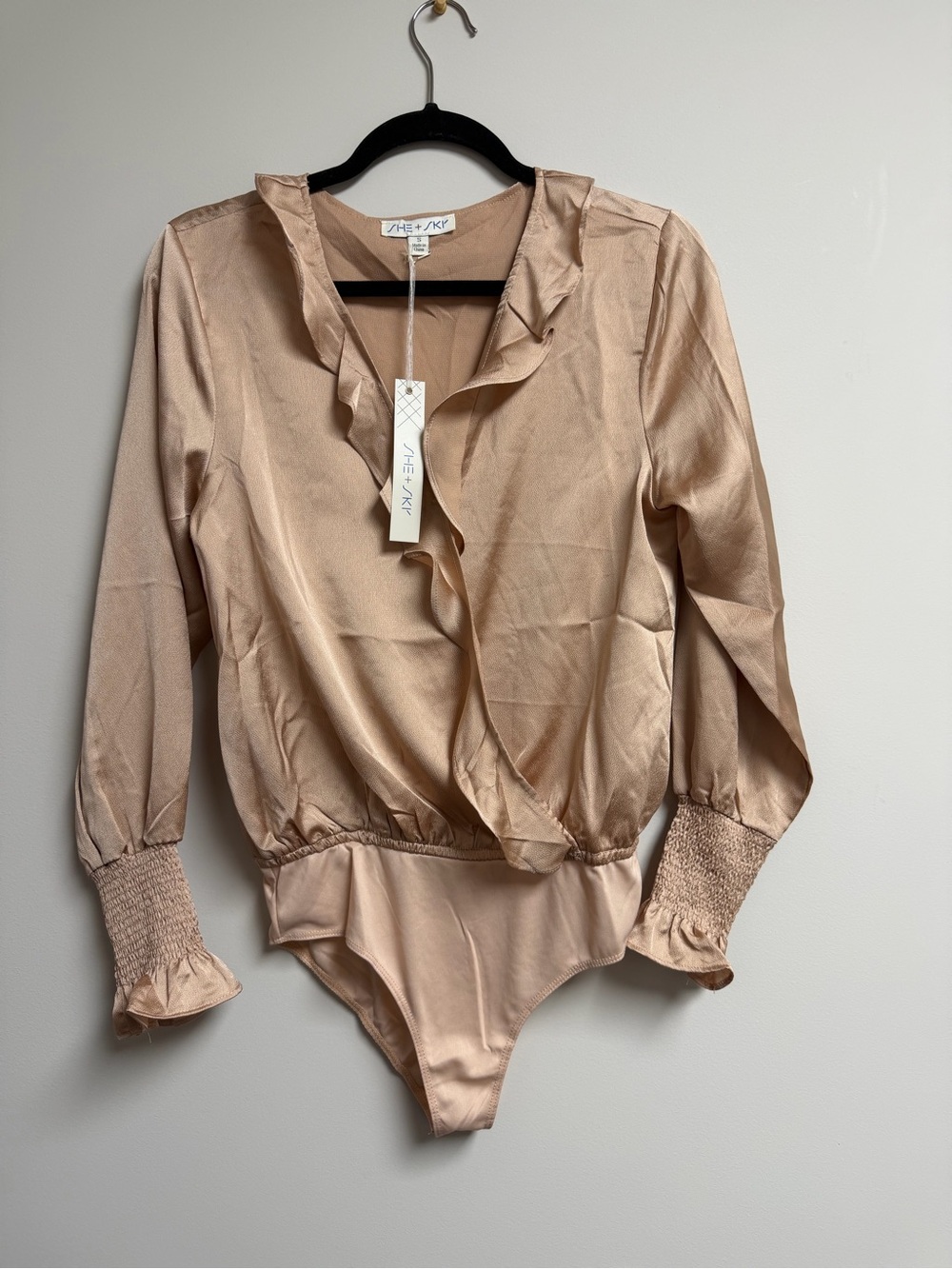 She + Sky Blush Satin Ruffle-Trim Bandeau Bodysuit